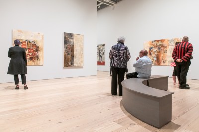 Installation view of the exhibition “Jaune Quick-to-See Smith: Memory Map,” 2023, at the Whitney Museum of American Art, New York. From left to right: The Vanishing American, 1994; The Vanishing White Man, 1992; Imperialism, 2011; and Indian Drawing Lesson (after Leonardo), 1993.