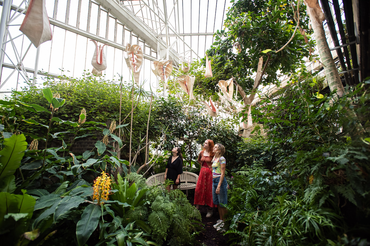A group of people staring at flower-like sculptures strung through greenery in a greenhouse.