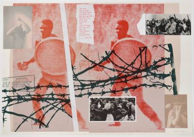A collage showing a doubled reddish image of a Black man with a shield beneath an image of barbed wire. Photographs of Black women and children are shown overlaid on top.