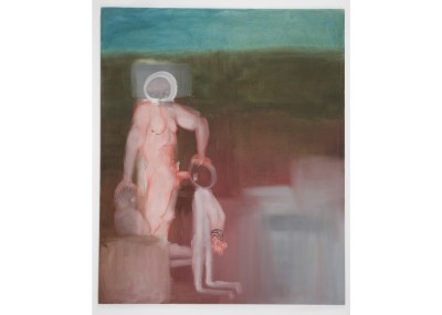 A painting with a hazy background showing one standing figure being fellated by a kneeling figure whose hands are bound.
