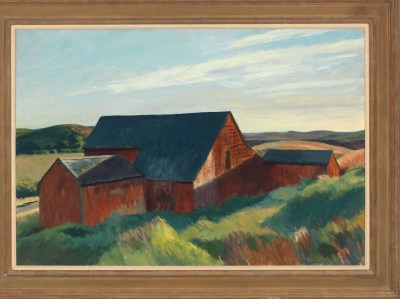 A painting of a red barn by Edward Hopper