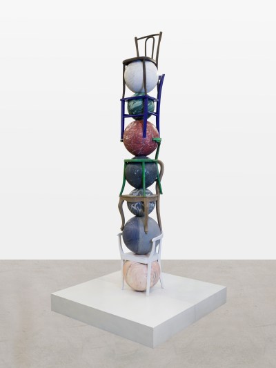 Alicja Kwade, l'ordre des mondes (Totem), 2023, bronze patinated, Bianco Carrara, Wonder Grey, Azul Macaubas, Rosa Portogallo, Venato Nero, Red Breccia, 
323.9 cm × 60.1 cm × 55.6 cm (10' 7-1/2" × 23-11/16" × 21-7/8"), 
Unique, SCULPTURE, 
#89384, Alt # AK/S 1646, 
Format of original photography: high res JPG