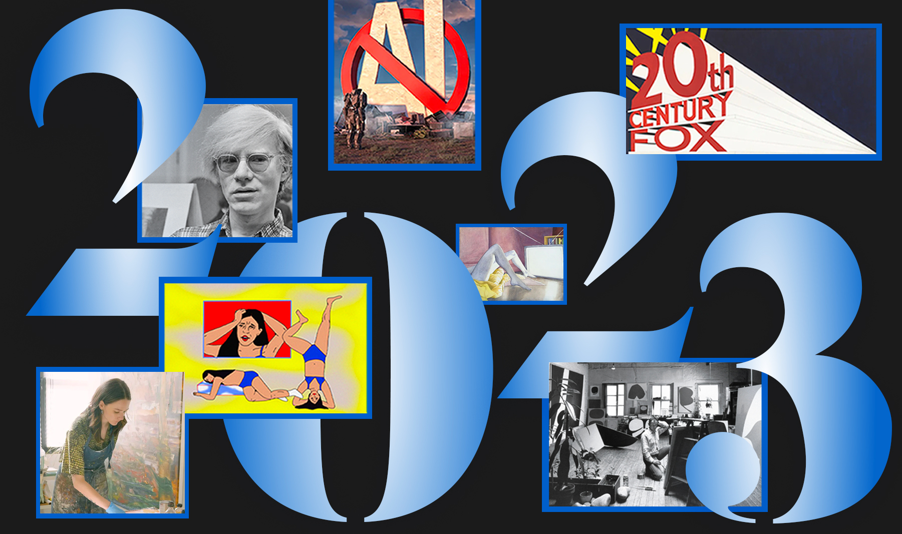 Playful blue letters spell out 2023 with 7 small versions of the images described in the stories below collaged about.