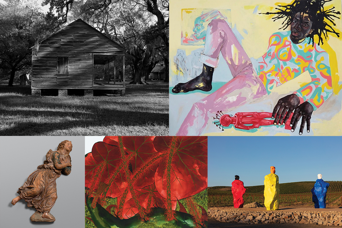 Composite image of five art works, clockwise from top left: black-and-white photograph of a cabin in Louisiana, painting of a Black person, sculptural rock installation on a vineyard, painting of red begonias, bronze sculpture of an angel