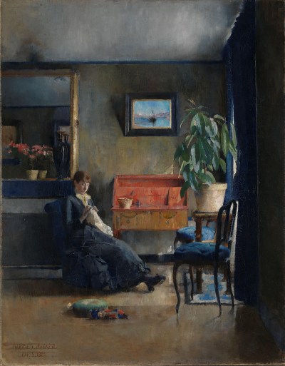 A painting of a woman in a blue dress lounging on a chair in a living room. The room contains a house plant beside its window, from which pours in light.