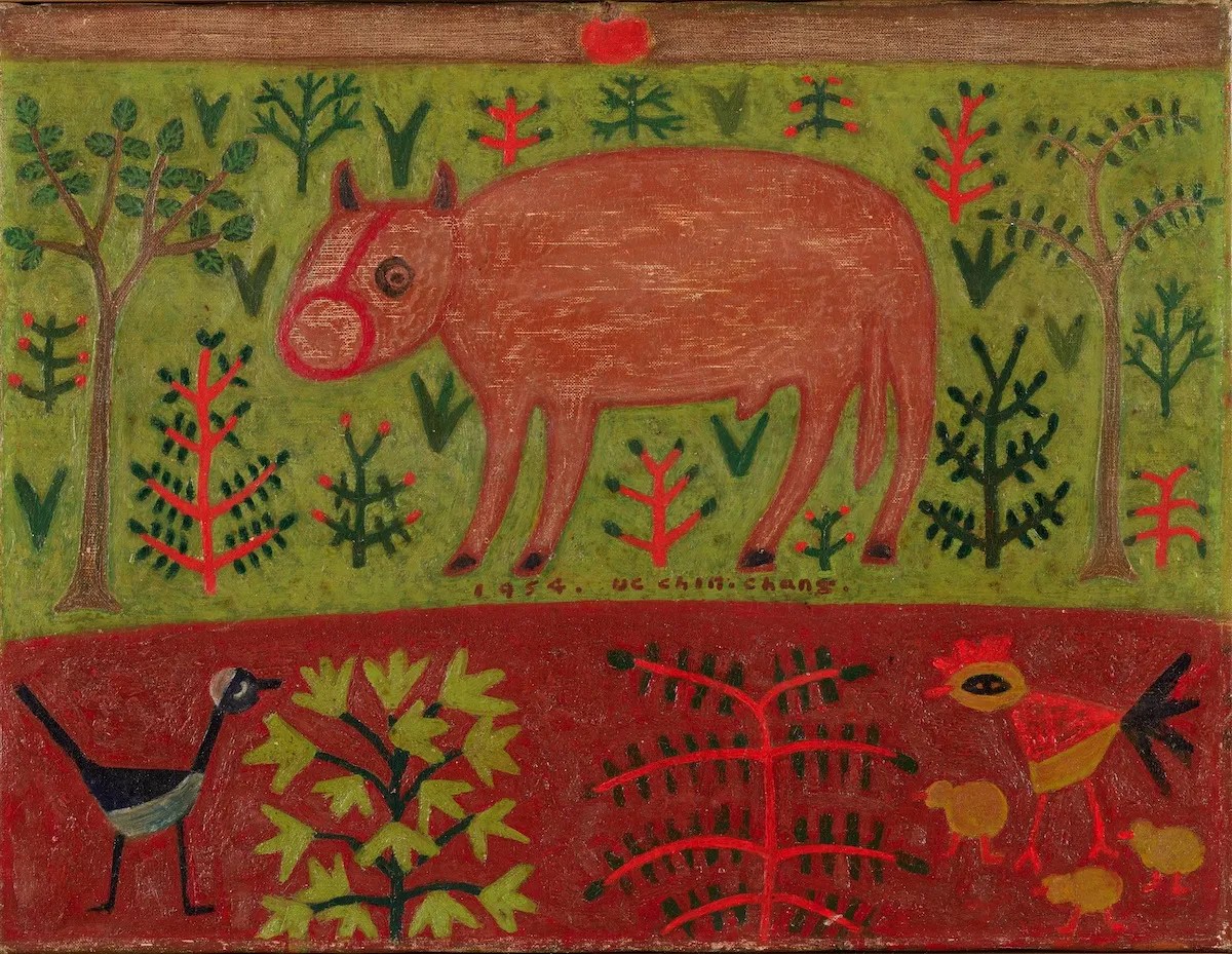 An animal in a green field above birds and plants.