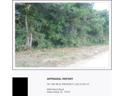 A photograph of a tree-filled path, along with text beneath it reading: "APPRAISAL REPORT OF THE REAL PROPERTY LOCATED AT 8060 Maxie Road Edisto Island, SC 29438."