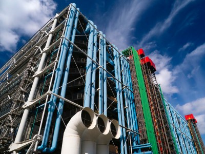 Exterior of the Pompidou Centre in Paris, France - Rue Beaubourg side.