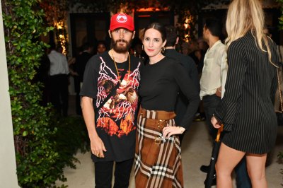 MIAMI BEACH, FLORIDA - DECEMBER 01: Jared Leto and Sara Monves wearing Burberry, attends W Magazine and Burberry’s Art Basel Celebration on December 01, 2022 in Miami Beach, Florida. (Photo by Mark Sagliocco/Getty Images for W Magazine)