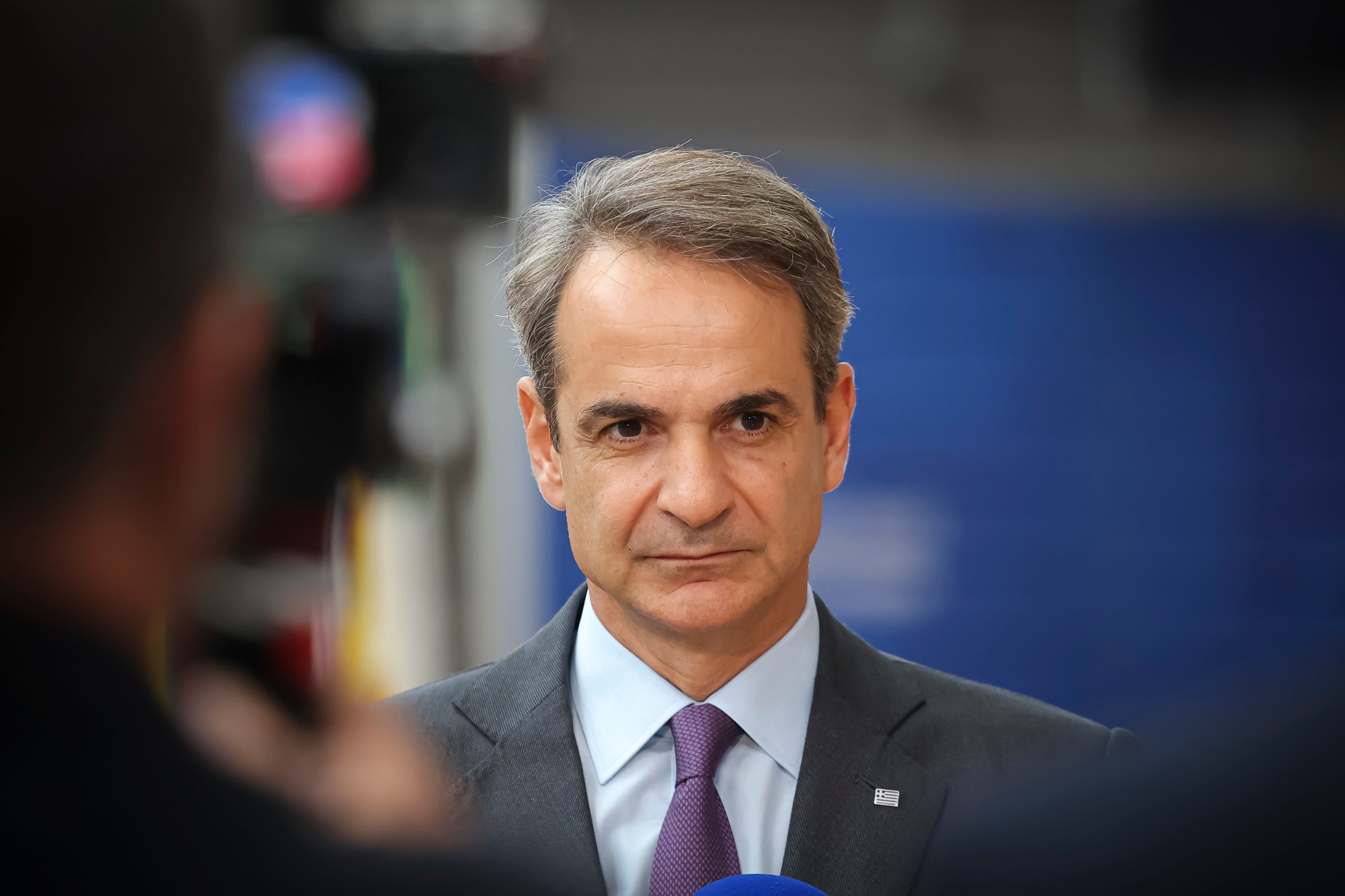 Kyriakos Mitsotakis Prime Minister of Greece at a stand up press briefing after the end of the 2-day European Council and Euro Summit, the EU leaders meeting at the headquarters of the European Union. The Greek PM makes a statement and responds to questions from the media and local press. EU leaders and heads of states have on their agenda to discuss at the 2-day summit the topics of the humanitarian pauses in Israel's war with Hamas, push for humanitarian aid corridors into besieged Gaza, the support to Ukraine after Russia's invasion, economy and the migration crisis situation. EUCO in Brussels, Belgium on 27 October 2023  (Photo Nicolas Economou/NurPhoto via Getty Images)