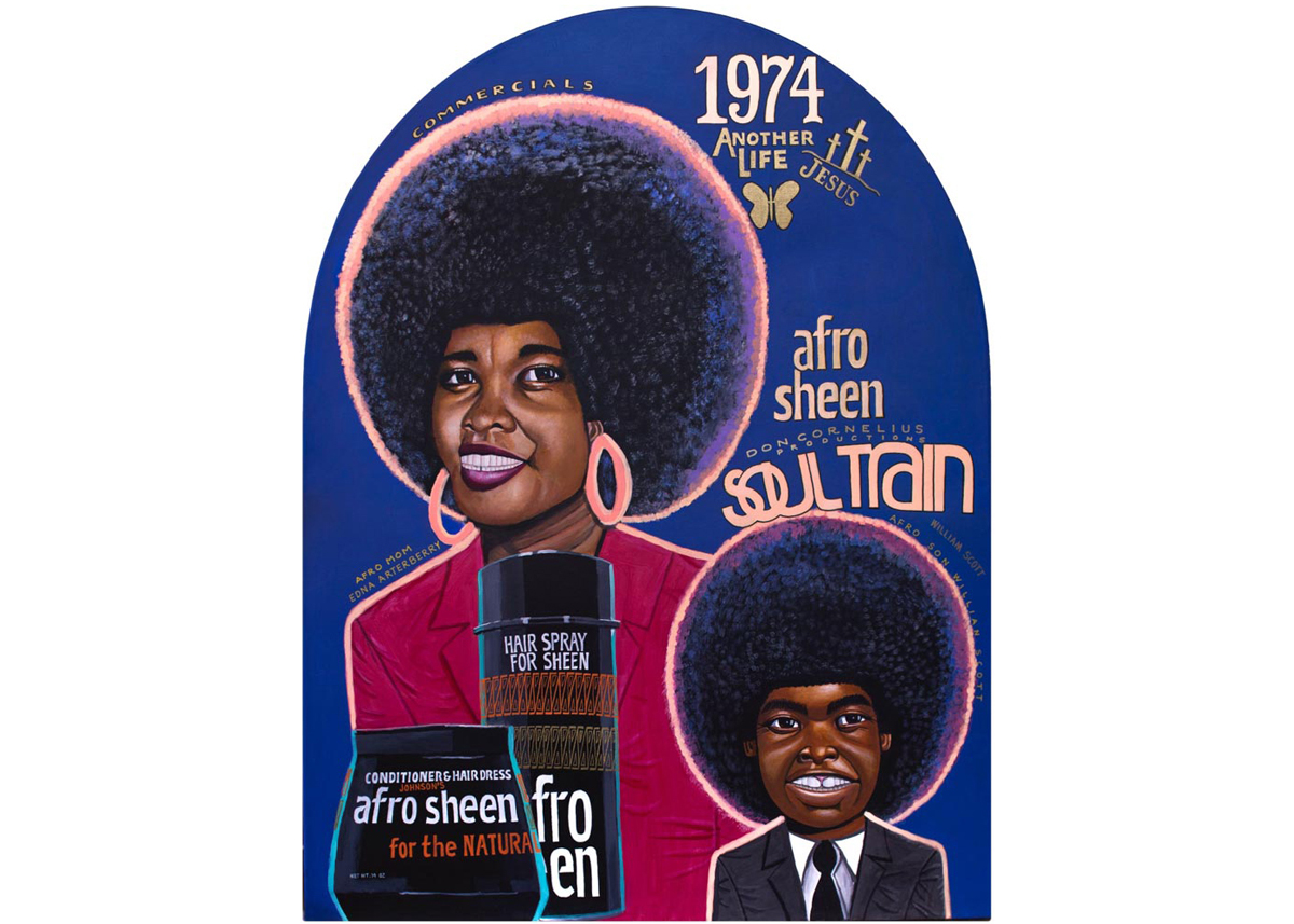 A shaped canvas that resembles a portico window showing two Black people, both with large Afros, in front of one are two 'afro sheen' products.
