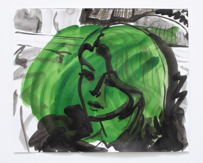 A drawing of a woman with sharp black outlines. A swatch of green is painted over her.