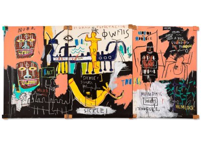 A three-panel painting by Jean-Michel Basquiat that has a mostly orange and black background with several of his signature motifs as well as several words throughout.
