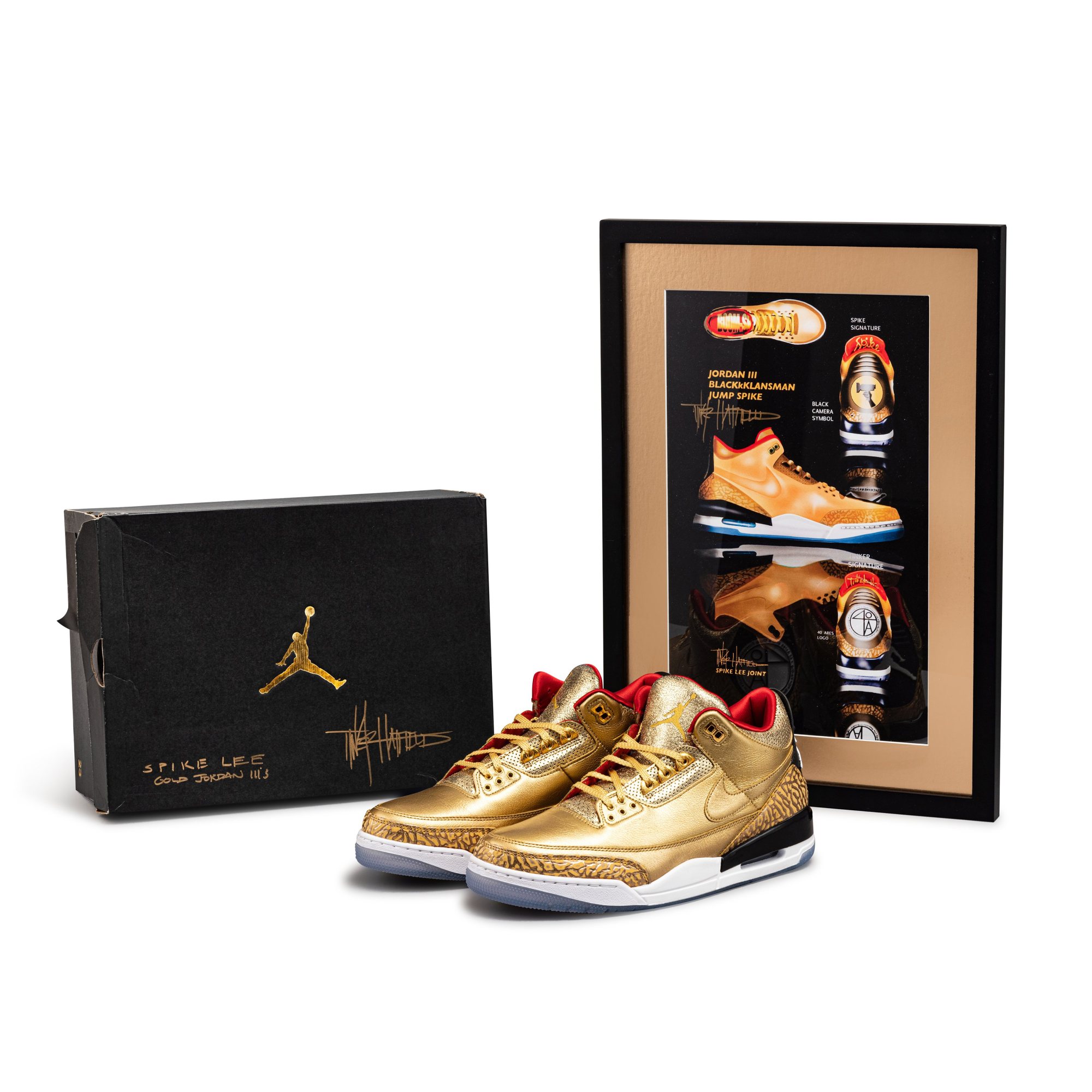 Gold Nike Air Jordan 3s and design paraphernalia.