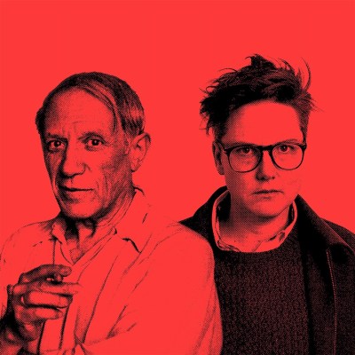A red graphic featuring a white man holding a cigar and a white person with close-cropped hair and glasses glaring.