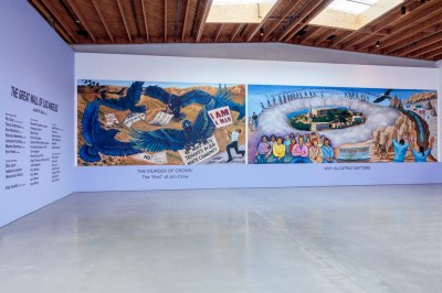 Installation of two panels of a mural by Judith F. Baca.