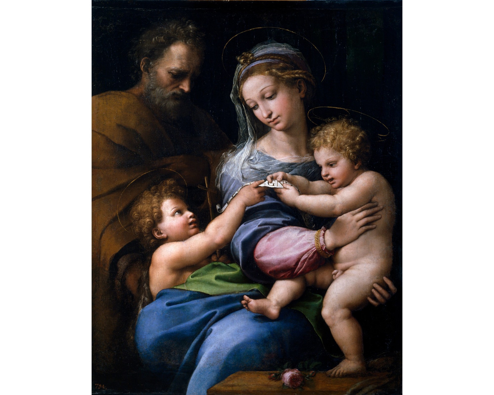 Image of the Raphael painting "The Holy Family with the Infant Saint John the Baptist, or Madonna of the Rose". (1517) Oil on panel transferred to canvas.
In Room 049 at the Museum Nacional del Prado.