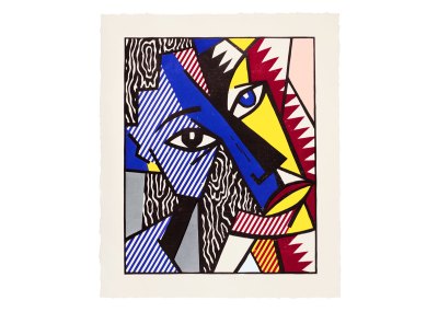 A Roy Lichtenstein print of a woman's head in his distinct style.