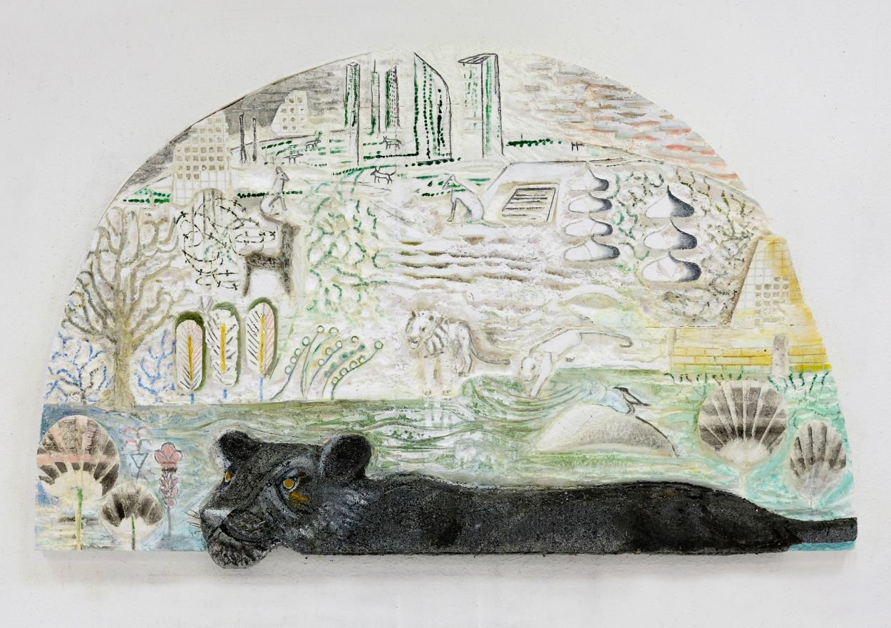 An arched-shape Styrofoam relief with a dark panther at the bottom and a marsh gradually turning into an urban landscape in the background.