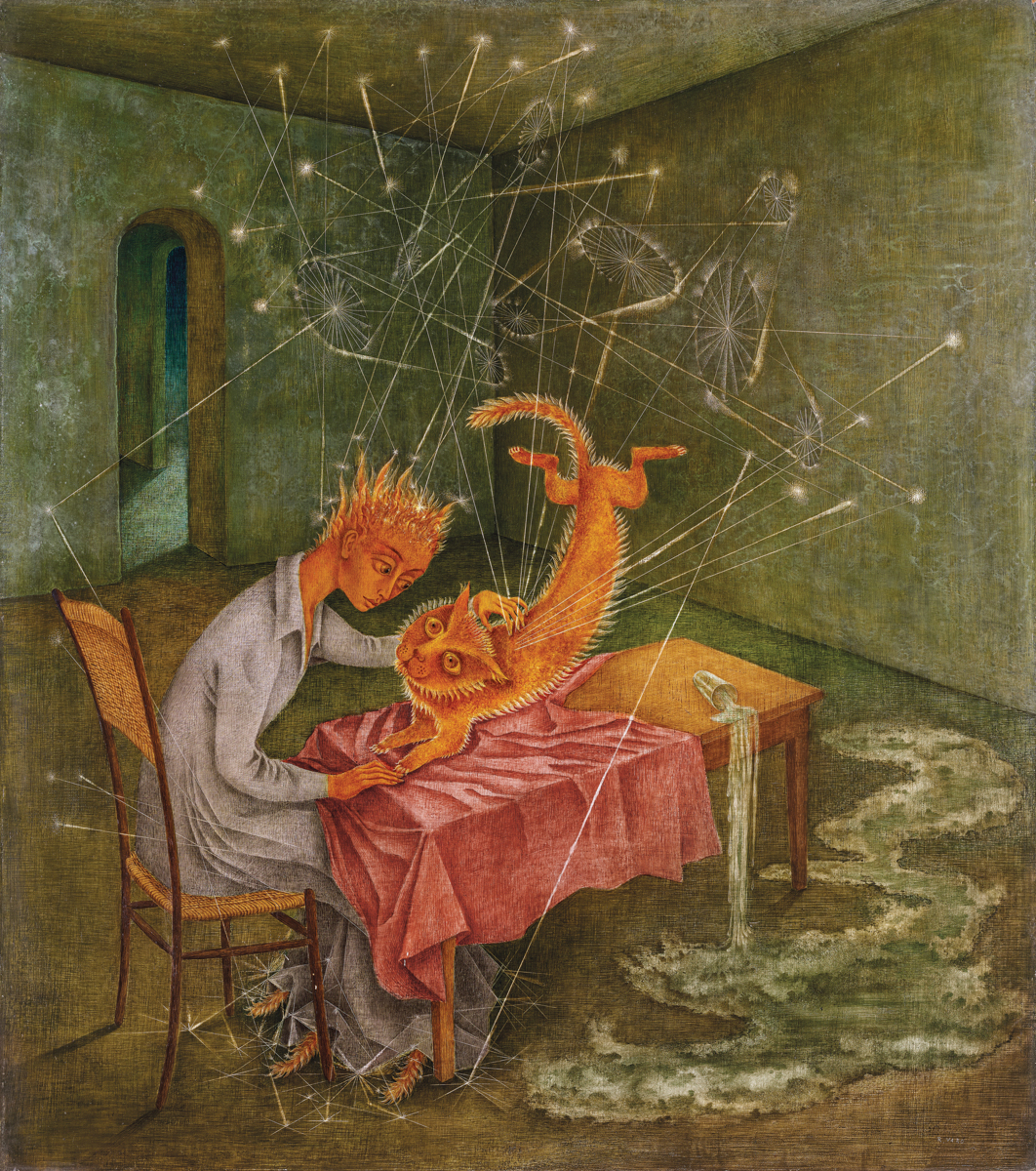 In a stylized painting, an orange person pets an orange cat. The person is wearing a collared nightgoown, and the cats buttocks lifts off a table into the air, where it is surrounded by constellations. A glass on the table has been tipped over, and the volume of water it has spilled feels river-like, as if it could not possibly have ever fit in the cup.