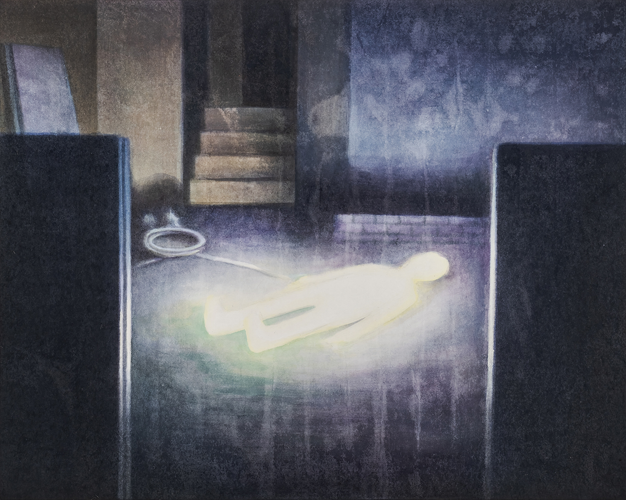 Painting. A glowing light shaped like a body lies on the floor of a dark room. Stairs in the background suggest perhaps the room is a basement.