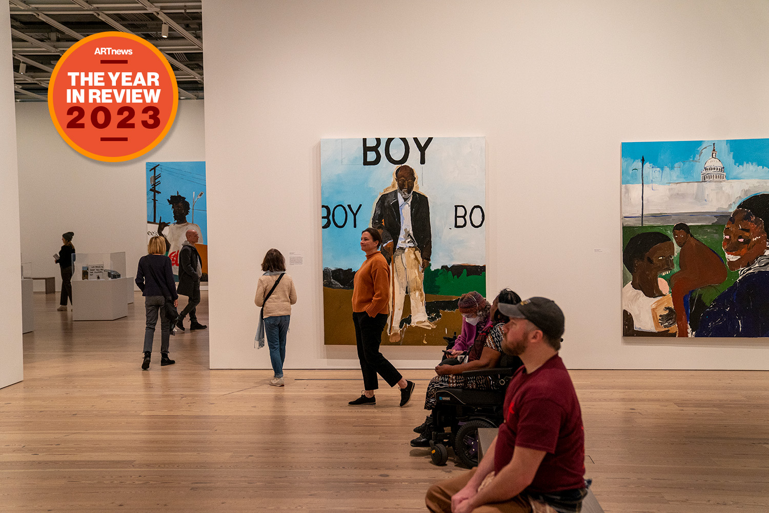 Multiple artworks created by painter Henry Taylor are visible December 1, 2023 at the Whitney Museum of American Art in New York City.