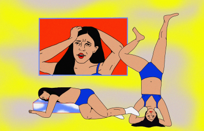 An illustration of a performance artist in three different poses: grimacing, sleeping, and doing a headstand.